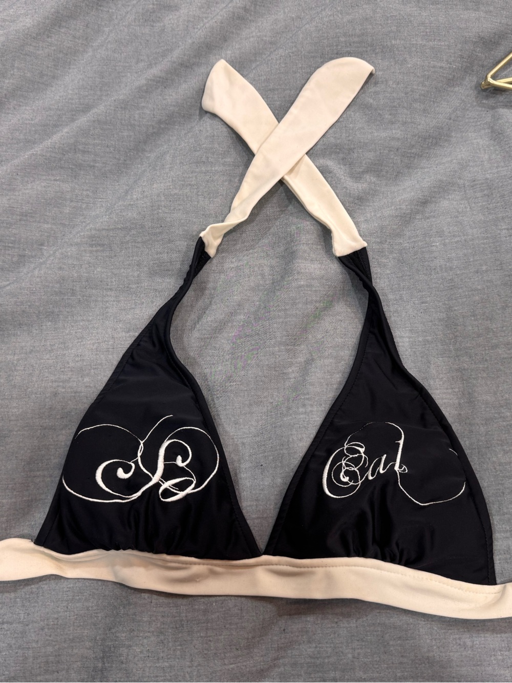So-Cal/No Fear vintage Black Triangle Bralette with Cream Trim bathing suit top